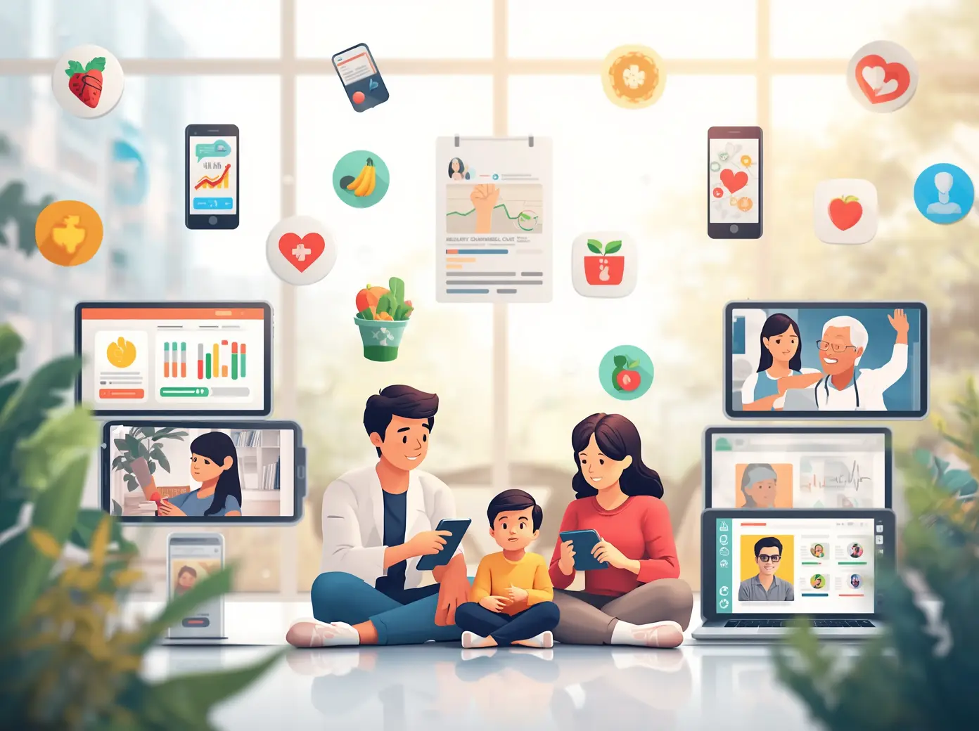 Keluarga mengakses media edukasi kesehatan digital melalui smartphone, tablet, dan laptop untuk meningkatkan kesadaran hidup sehat