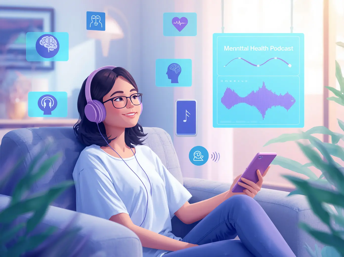 Seseorang mendengarkan podcast kesehatan mental melalui smartphone sebagai media edukasi kesehatan mental di era digital.