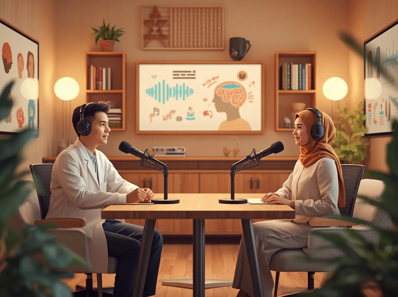 Psikolog dan host merekam podcast kesehatan mental di studio podcast modern sebagai media edukasi kesehatan mental di era digital.